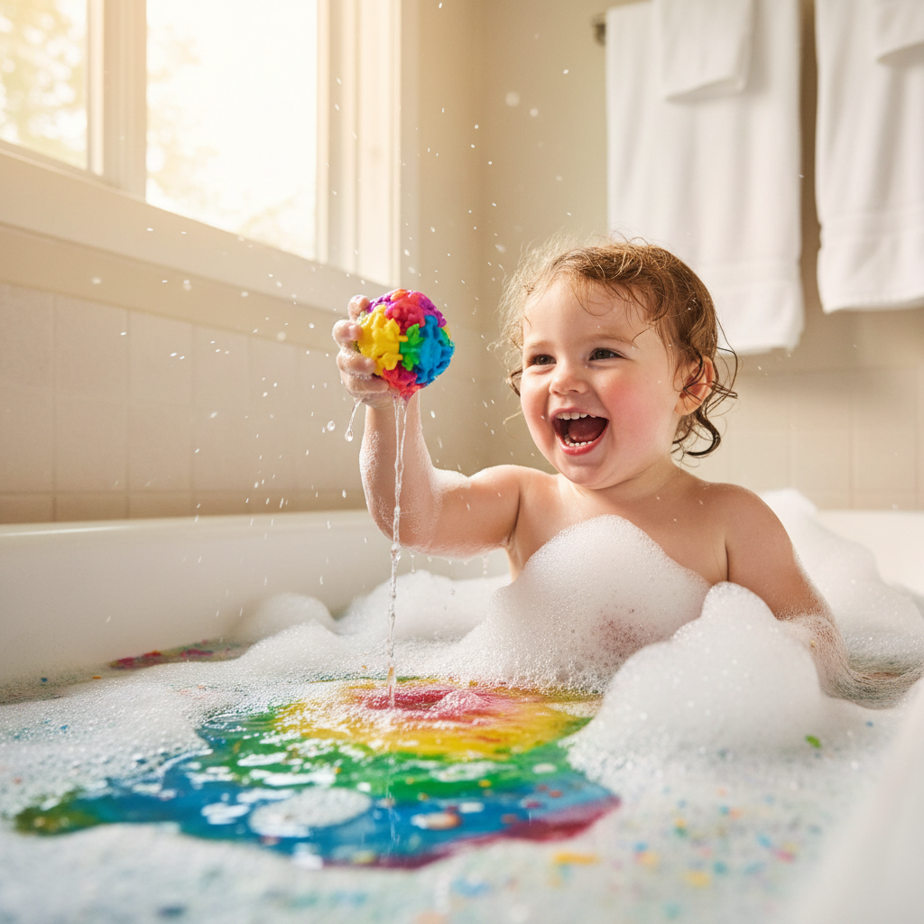 A happy child laughing in a colorful bubble bath